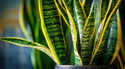 A close-up of vibrant green and yellow snake plant leaves in a decorative pot.