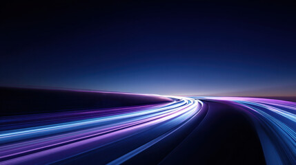 long exposure light trails along futuristic highway curving into night horizon blue and purple tones dynamic motion illustration concept scene visual for commercial design use high detail quality stoc