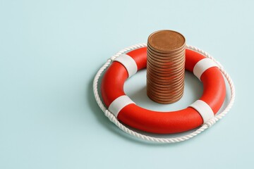 Stack of coins nestled within a vibrant orange life preserver symbolizes financial security and safeguarding assets against unforeseen economic downturns