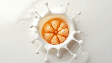 A high-speed macro photograph captures a peeled mandarin orange at the precise moment of impact within a white milk splas.