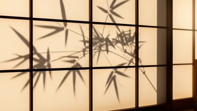 Serene bamboo shadows cast on a traditional Japanese shoji screen in a tranquil indoor setting