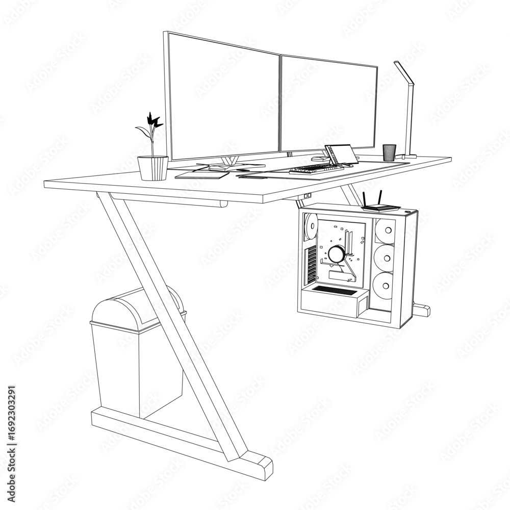 Poster computer desk setup with monitor, keyboard, mouse, and cpu, featuring a plant and other objects in c