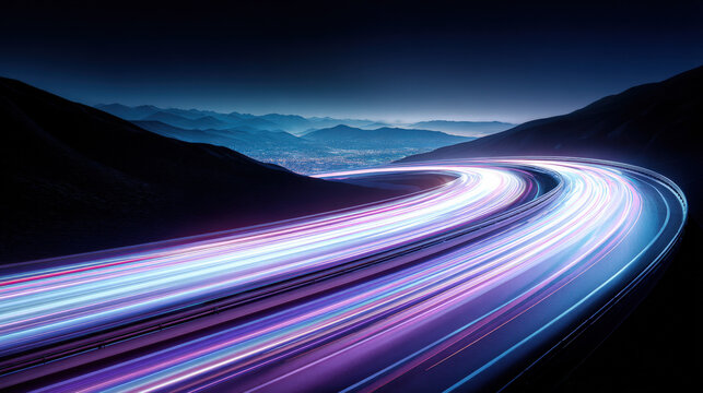 long exposure light trails along futuristic highway curving into night horizon blue and purple tones dynamic motion illustration concept scene visual for commercial design use high detail quality stoc