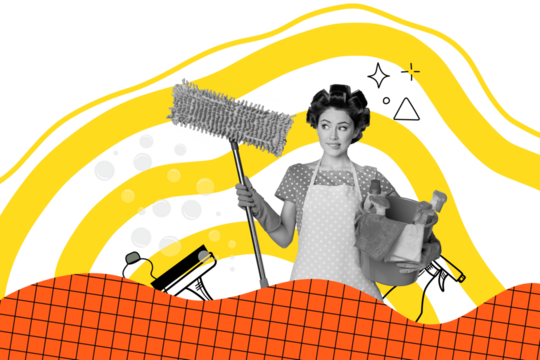 Composite trend artwork sketch image photo collage of caricaturebright color monochrome lady housewife wash clean mop wet hand hold bucket - Powered by Adobe