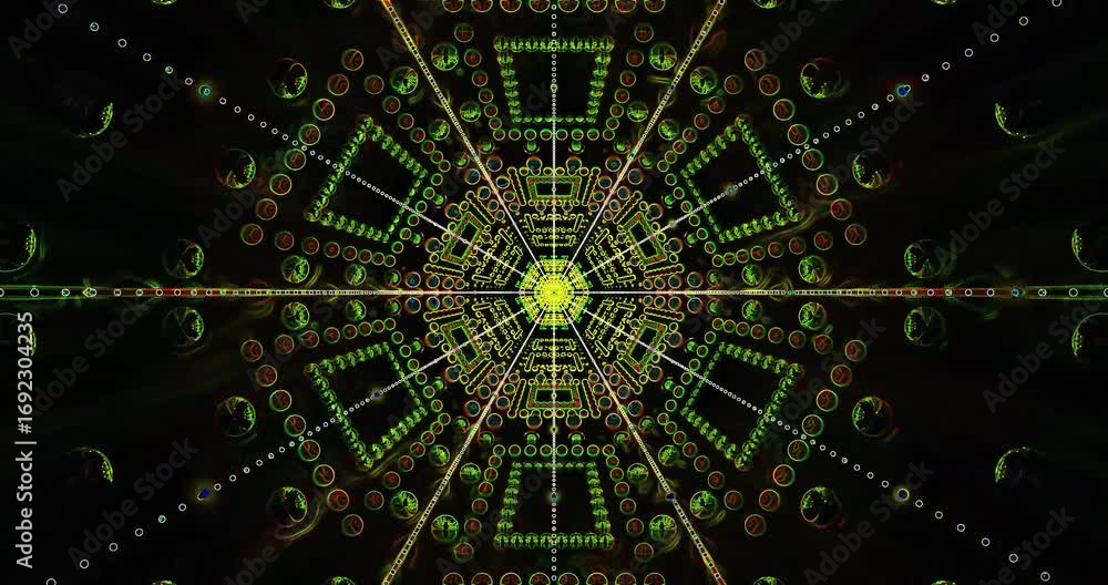 Poster dynamic tunnel animation creates an immersive experience with geometric shapes and bright colors. pe