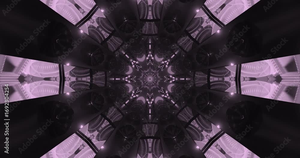 Poster dynamic tunnel visualization features spiraling tubes in vibrant purple hues, creating a mesmerizing