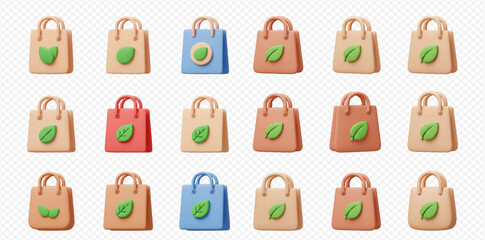 A collection of 3D rendered eco-friendly shopping bags in various colors, each featuring a green leaf symbol.