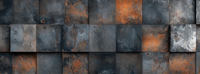 Grungy close-up of a weathered metal tile wall featuring corrosion, rust patterns, and wear for use in design textures.