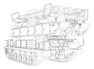 Fototapeta premium Military vehicle blueprint with a missile launcher on top, detailed wireframe model, realistic shading, white background, 3D design.