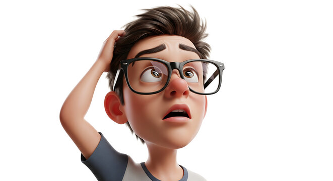 Cartoon boy scratching head, confused expression, 3D render.