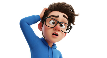 A confused young man with glasses scratching his head, looking bewildered.