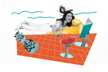 Composite photo collage of happy girl fly summer orange pineapple watermelon fruits hand hold open book isolated on painted background