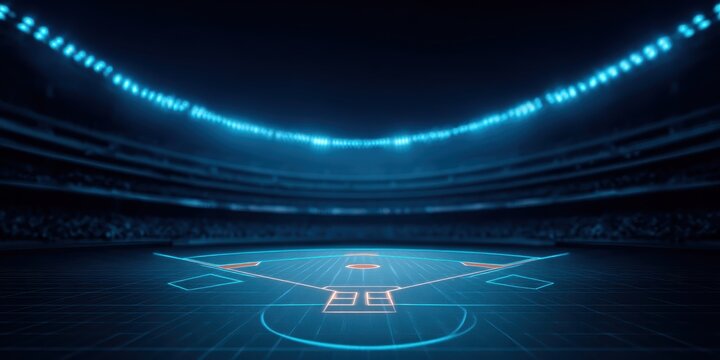 Baseball stadium strategy concept. High-tech baseball field illuminated by bright stadium lights.