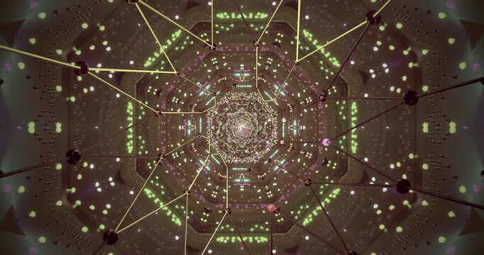 Colorful patterns and shapes continuously transition in an abstract display, creating an engaging atmosphere. The motion is fluid and captivating, drawing the viewer into a dynamic experience.