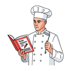 Serious Chef Reading Recipe Book, Ladle in Hand, Cartoon Style Illustration