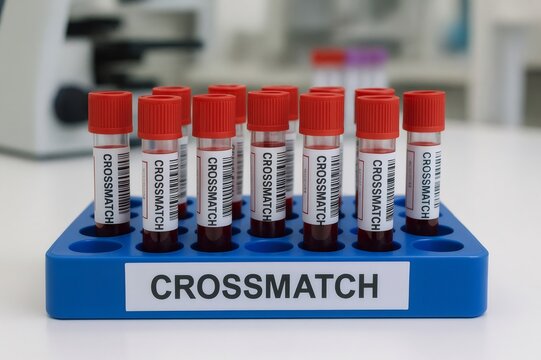 Rack of crossmatch blood samples waiting to be analyzed in a medical laboratory, ensuring compatibility for safe transfusions