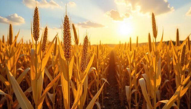 Golden corn stalks heavy with ripe ears stand tall in a vast field under a bright autumn sun, ready for harvest  The scene evokes abundance and the bounty of the fall season , cultivation, harvesting