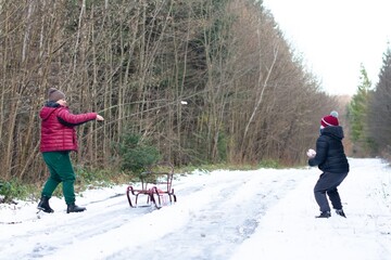 A snowball fight unfolds in a snowy woodland setting. Two individuals engage in playful winter...
