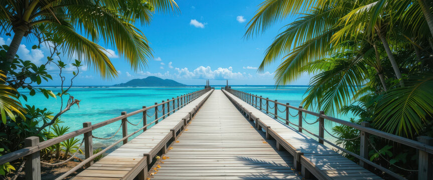 Tranquil beach walkway tropical paradise photography sunny day perspective serene escape