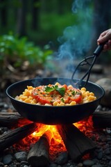 Delicious campfire-cooked meals sizzling over glowing embers, creating a warm and inviting outdoor cooking scene Perfect for camping, hiking, and wilderness adventures , inviting, wilderness
