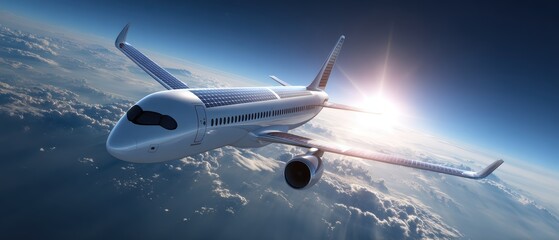 Passenger aircraft soaring above earth with solar panels integrated along fuselage under pristine blue sky symbolizing green aviation technology renewable energy and sustainable air travel innovation.