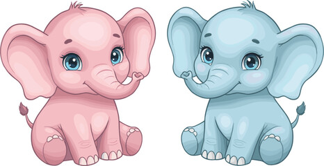 Adorable cartoon baby elephants illustration, pink elephant and blue elephant sitting together, cute animal character design for children and nursery decoration
