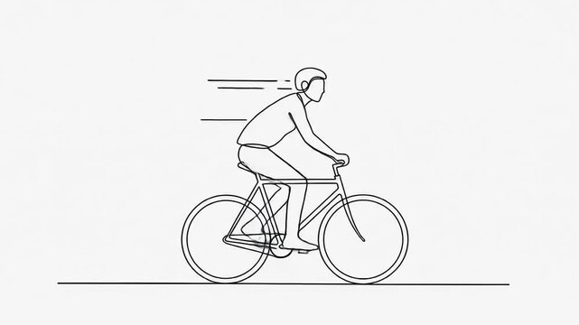 Minimalist illustration of a person riding a bicycle on a plain background, depicting motion and speed
