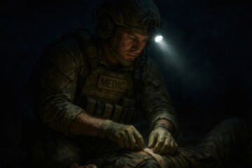 Obraz premium Combat medic applying bandage to wounded soldier during a nighttime operation, using headlamp for illumination