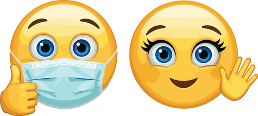 Funny cartoon emoji with medical face mask showing thumbs up, cute smiling emoji girl waving hand, vector illustration for health, happiness