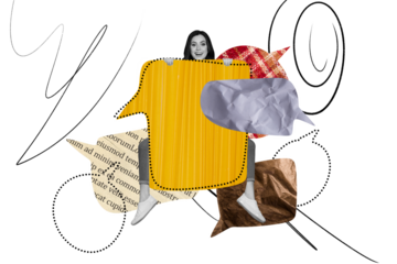 Composite trend artwork sketch image photo collage of speech cloud message social media chat young woman sit huge textbox conversation