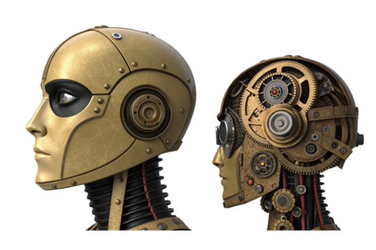 Two steampunk robots isolated on transparent background stand