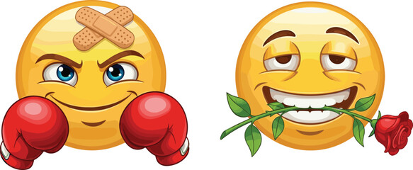 Boxing emoji with red gloves bandage on forehead, romantic emoji face holding red rose flower in mouth cartoon vector