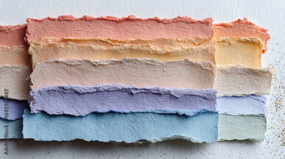 Poster torn pastel paper layers create a textured, colorful abstract pattern.