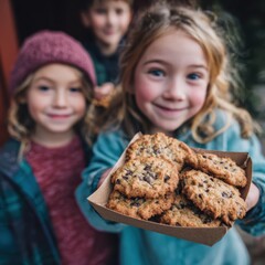 Children delivering homemade Christmas cookies to local firefighters at fire station, candid joy and gratitude, concept of holiday kindness and community appreciation.