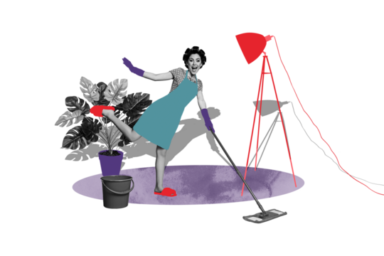 Composite photo collage of happy housewife wash floor mop disinfection cleaning duty bucket plant pot lamp isolated on painted background