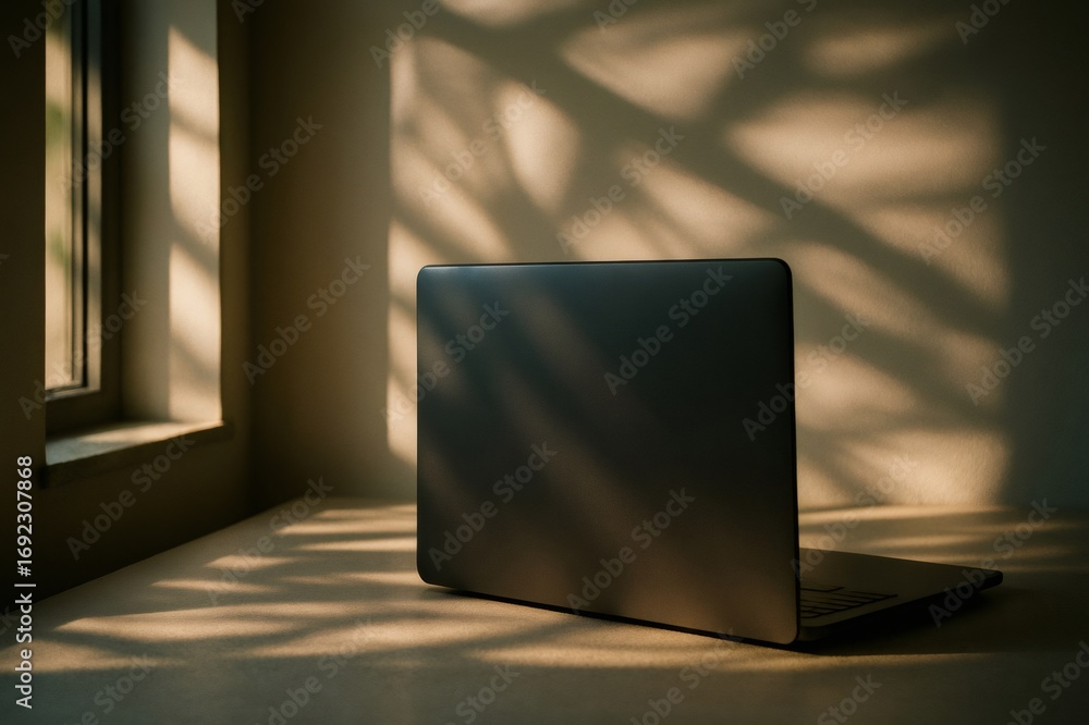 Poster closed laptop on desk with window light casting shadows on wall, creating a calm and productive work