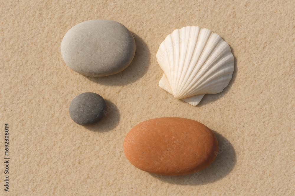 Poster pebbles and shells resting on smooth sand, capturing summer memories while basking in the warm sunli