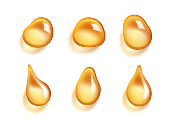 Oil drops. Vector isolated honey globule falling, gasoline golden droplet collection. Gold capsule of liquid vitamin, dripping lotion. Shiny fluid amber colored dews of fuel or collagen production
