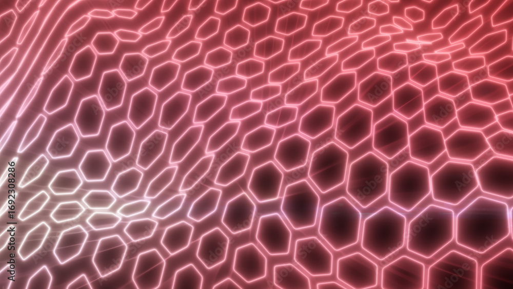 Poster radiant red hexagonal mesh with glowing edges, forming a dynamic wave pattern symbolizing energy, te