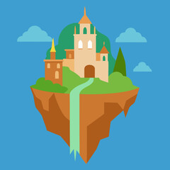 Fototapeta premium Fantasy floating island castle with waterfall and clouds