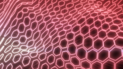 Obraz premium Radiant red hexagonal mesh with glowing edges, forming a dynamic wave pattern symbolizing energy, technology, and futuristic design