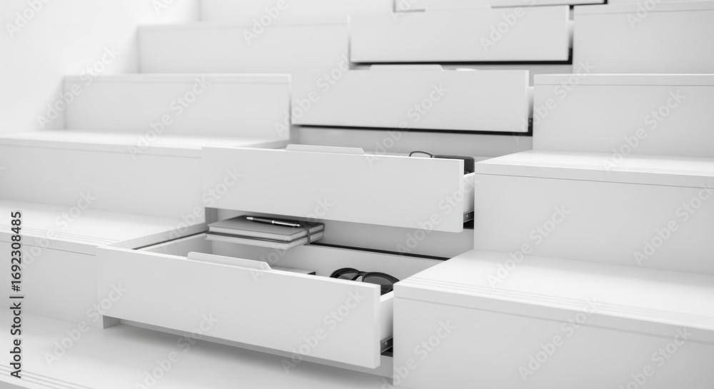 Poster minimalist white staircase featuring pushtoopen hidden drawers creating a streamlined look while off