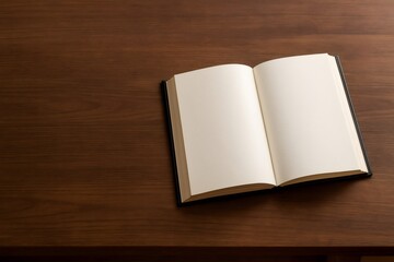 Open book resting on a wooden desk, featuring blank pages that offer ample copy space for text, designs, or creative ideas