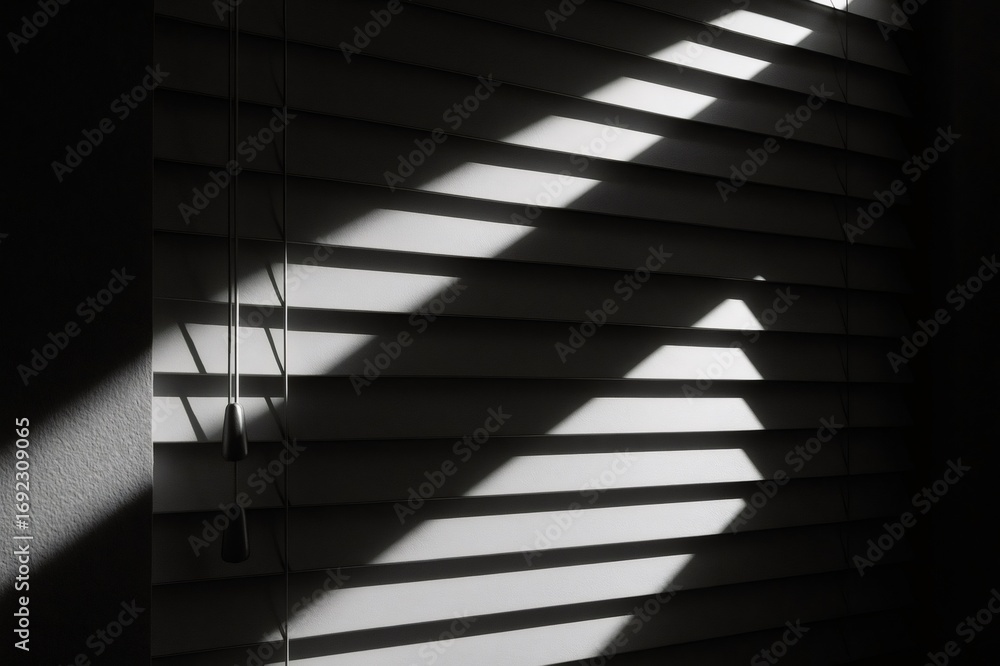 Poster sunlight filtering through venetian blinds casts a dramatic pattern of light and shadow on a wall, c