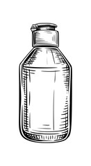 Vector hand drawn vintage illustration of cosmetic bottle in vintage engraved style. Package for shampoo, cream, tonic, lotion, serum. Black and white sketch isolated on white background