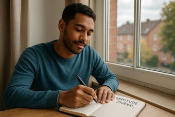 Young man sitting near a window writing on his gratitude journal, practicing mindfulness and self care