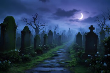 A hauntingly beautiful and eerie moonlit path winding through a misty graveyard with weathered tombstones and overgrown vegetation, evoking a sense of melancholy and mystery