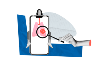 Creative collage young woman disease lungs healthcare examination magnifying loop doctor consultation covid19 smartphone screen app