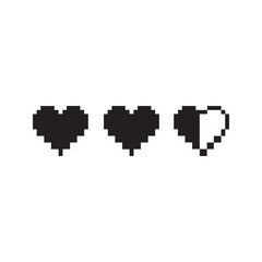 Fototapeta premium Pixel art hearts life bar. 8-bit retro video game health icon set. Black silhouette of full and half heart lives isolated on white background. 