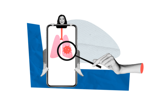 Creative collage young woman disease lungs healthcare examination magnifying loop doctor consultation covid19 smartphone screen app